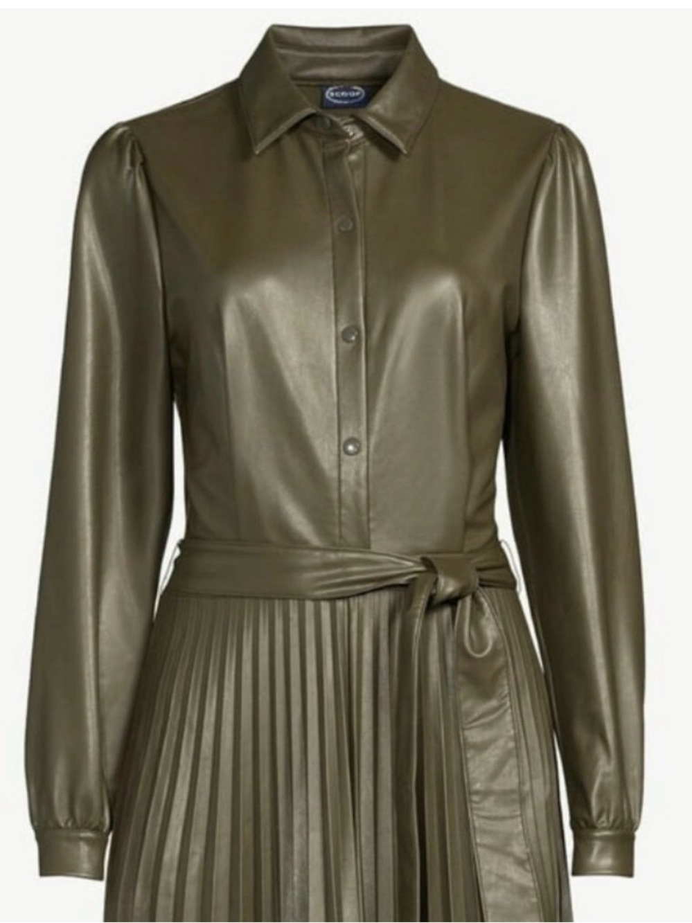 Faux Leather Pleated MIDI Dress Olive Green Chic Small NWT - Picture 2 of 15